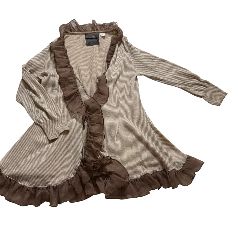 Anthropologie Guinevere Cardigan Wms S Tan Brown Striped Ruffle Trim Knit Boho